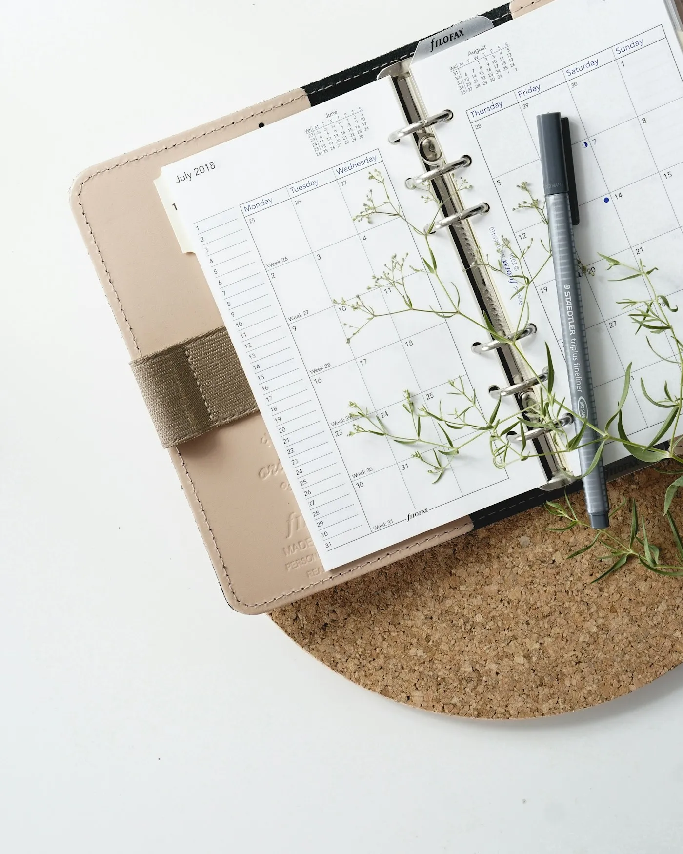 An open planner with a pen and a sprig of greenery